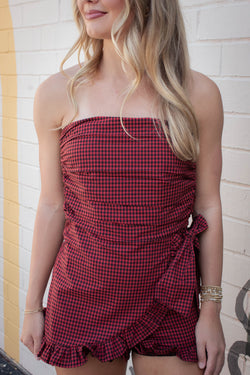 Guinevere Strapless Checkered Romper, Black Red