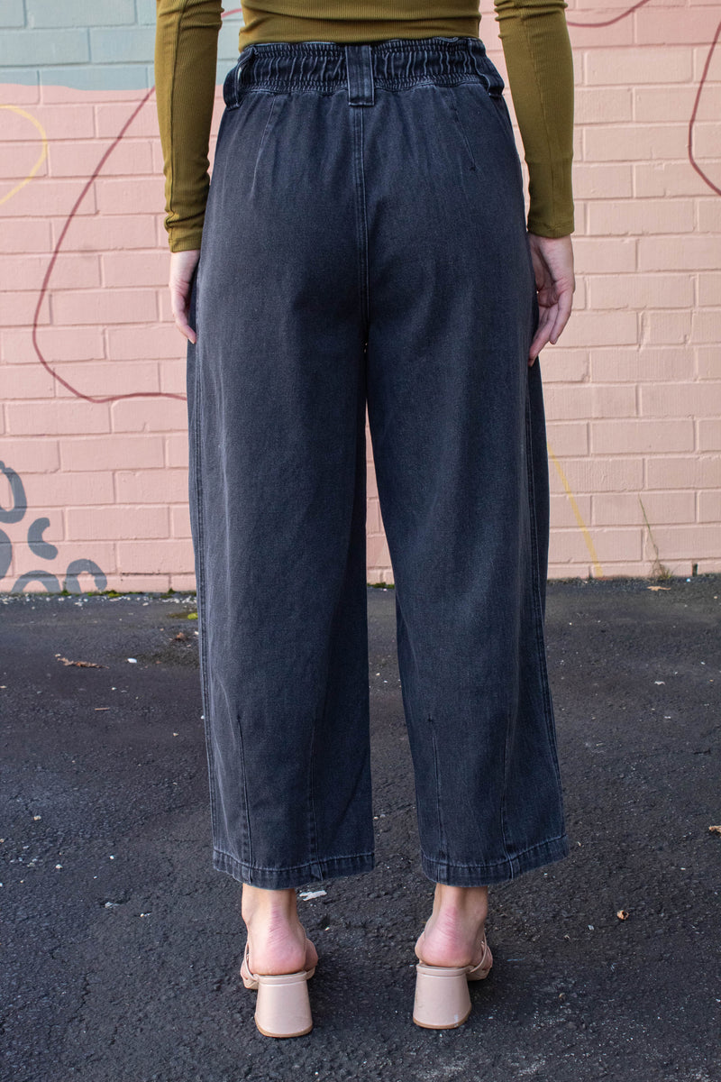 Raya Drawstring Barrel Leg Pants, Black Denim