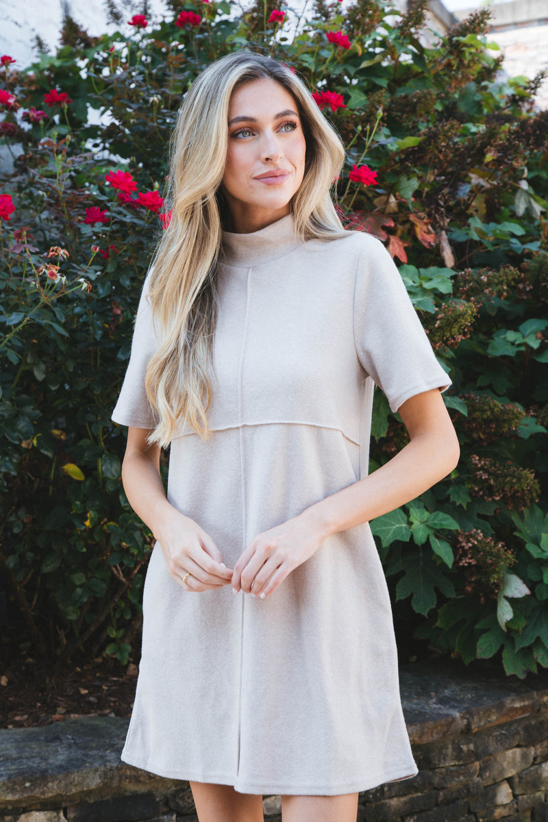 Call Away Mock Neck Mini Dress, Oatmeal
