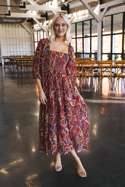Aubree Smocked Chiffon Midi Dress, Red/Mustard