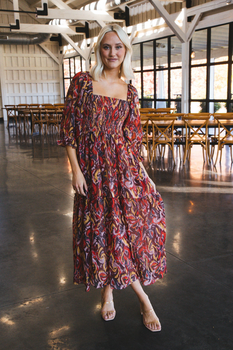 Aubree Smocked Chiffon Midi Dress, Red/Mustard
