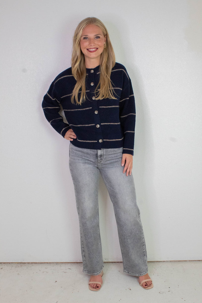 Jade Thin Stripe Button Down Cardigan, Navy