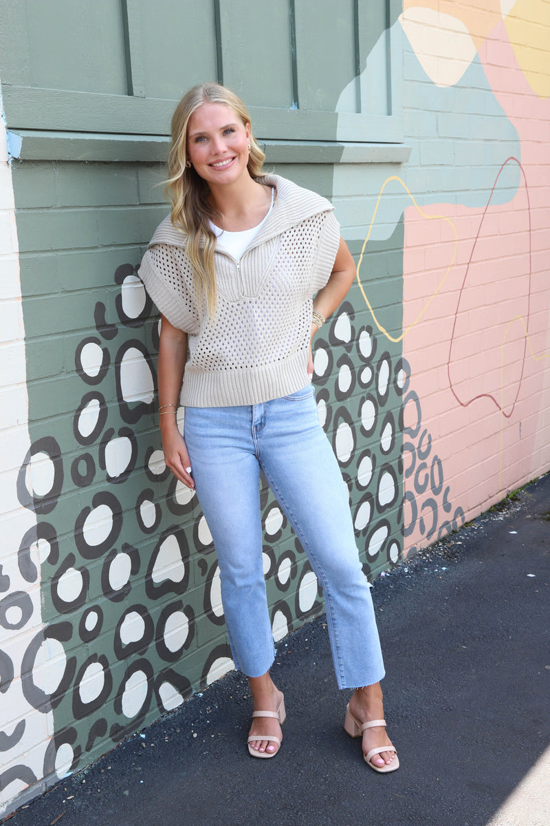 Evangeline Collared Half Zip Sweater Vest, Stone