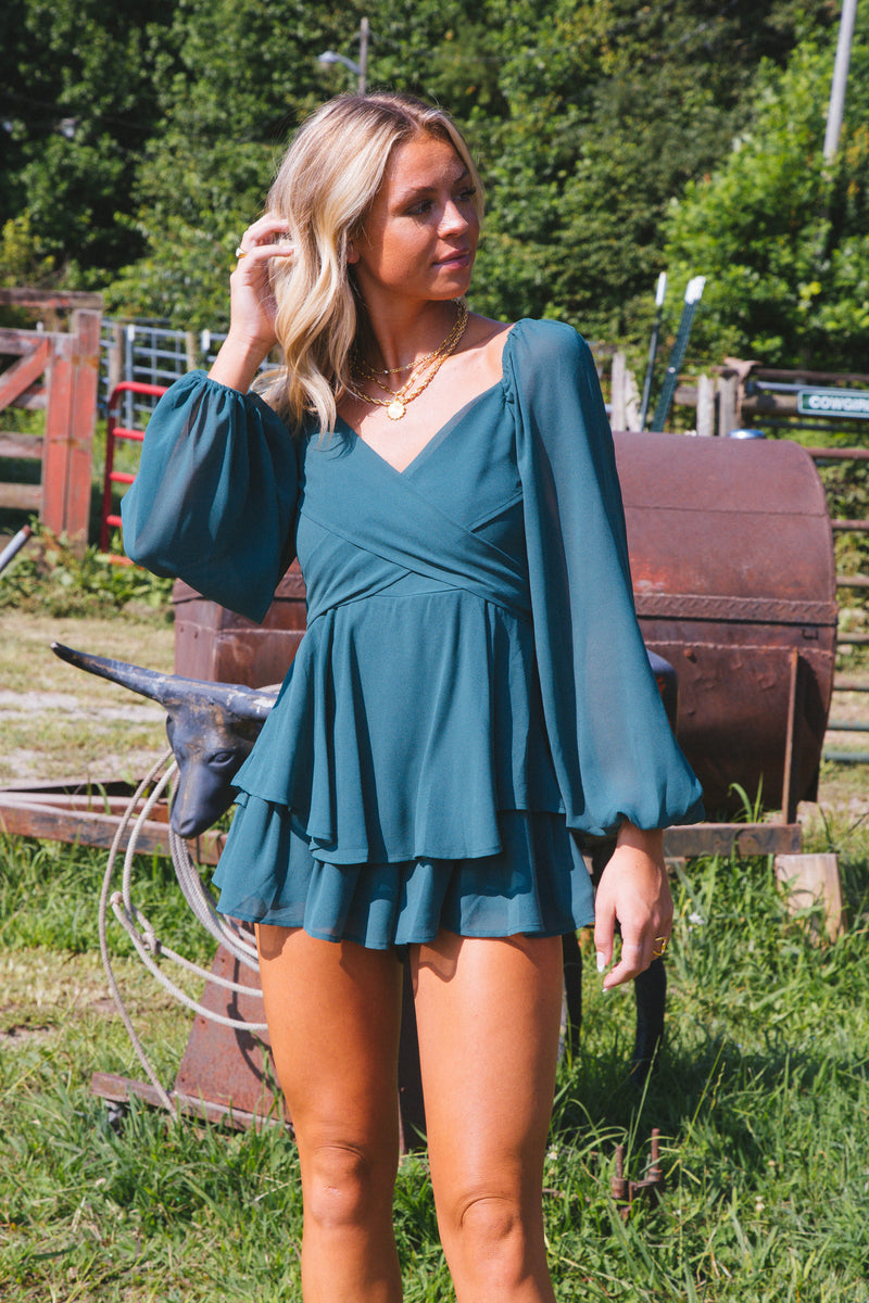 Lenny Long Sleeve Romper, Teal