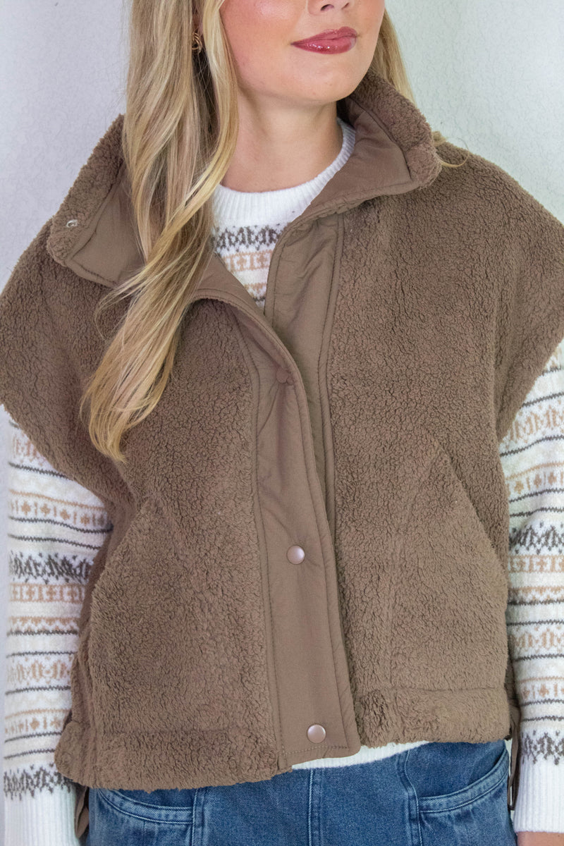 Addison Button Front Faux Fur Vest, Brown