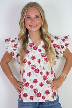 Diana Ruffled Sleeve Floral Top, Red