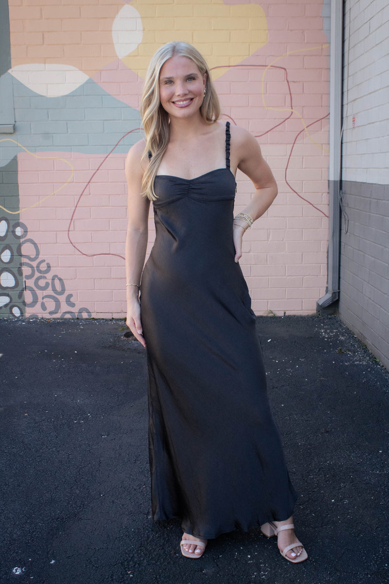 Lana Sweetheart Neck Satin Maxi Dress, Black