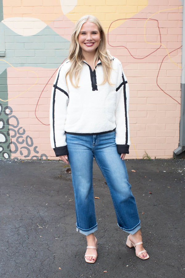 Jill Contrast Trim Half Zip Jacket, Off White/Black | RD Style