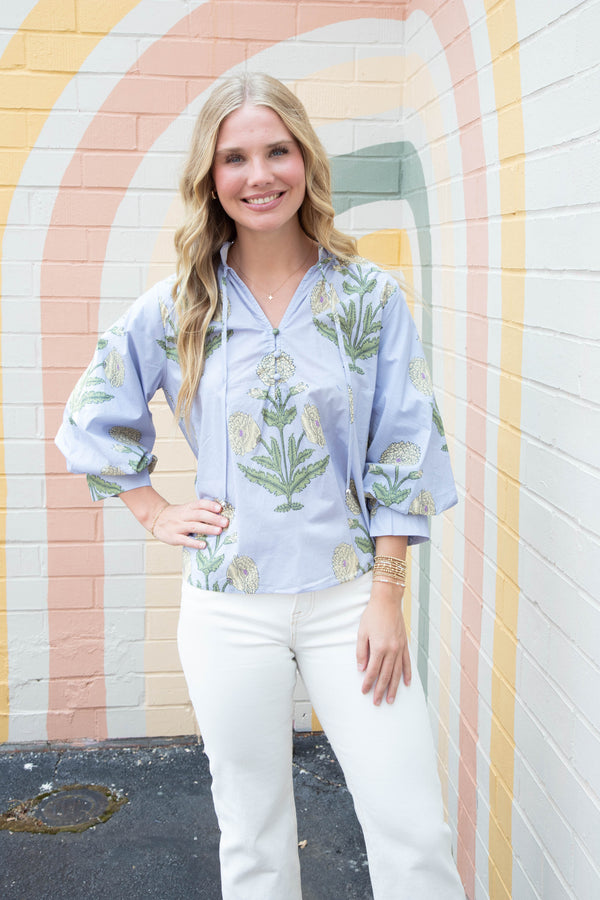 Miranda Floral Bubble Sleeve Blouse, Blue
