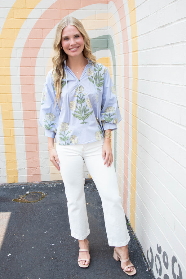 Miranda Floral Bubble Sleeve Blouse, Blue