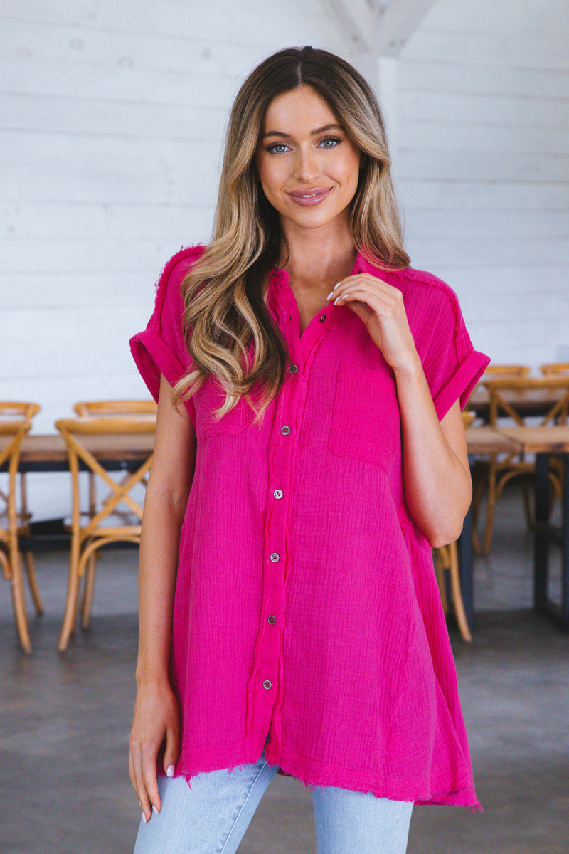 Jackie Button Down Gauze Shirt, Fuchsia