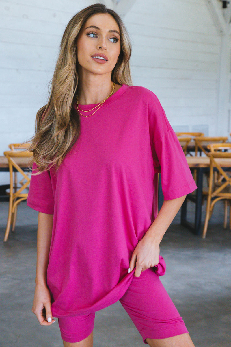 Sophia Oversized Tee And Biker Short Set, Fuchsia