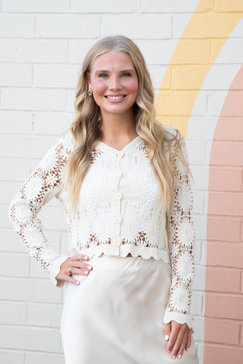 Mona Floral Crochet Cardigan, Natural