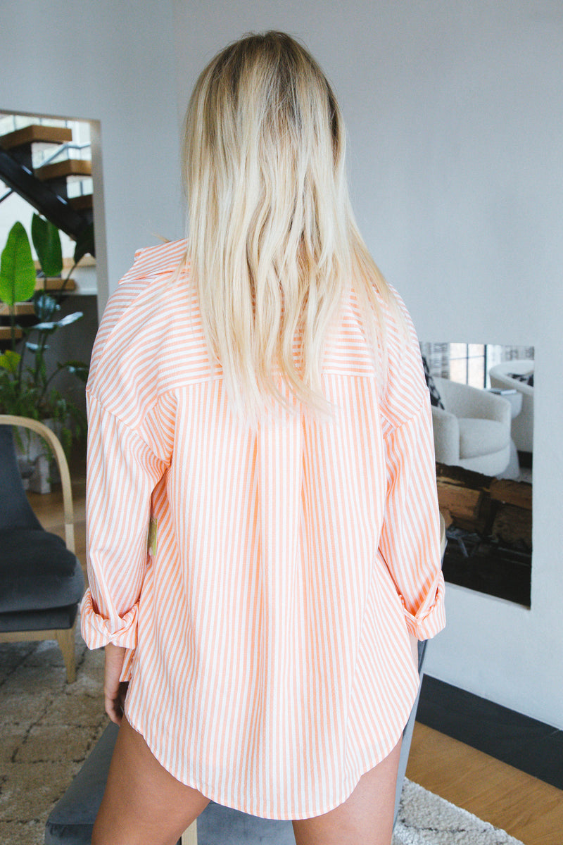 Isla Striped Button Down Shirt, Orange/White