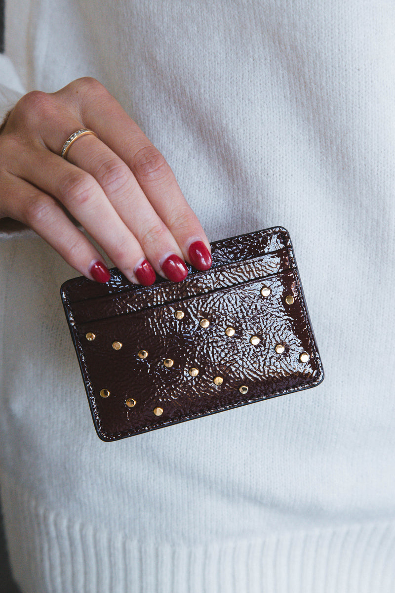 Steven Studded Card Case, Red Mahogany | FOSSIL