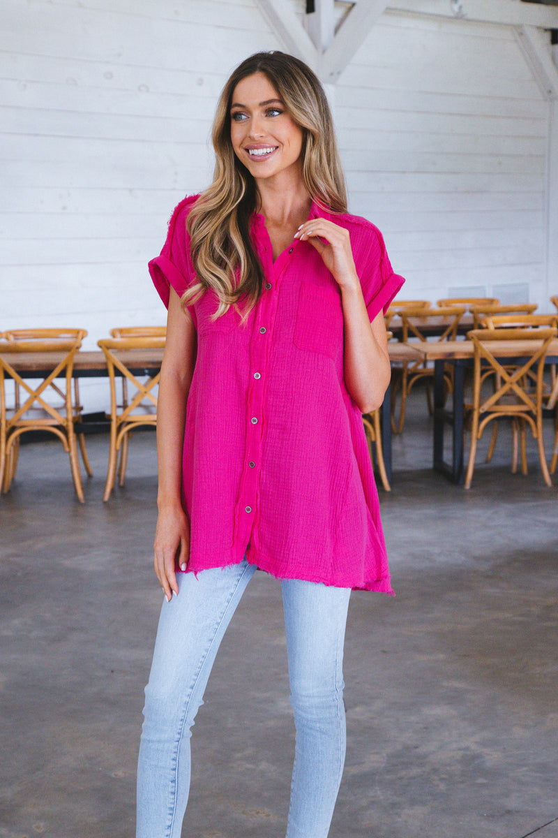 Jackie Button Down Gauze Shirt, Fuchsia