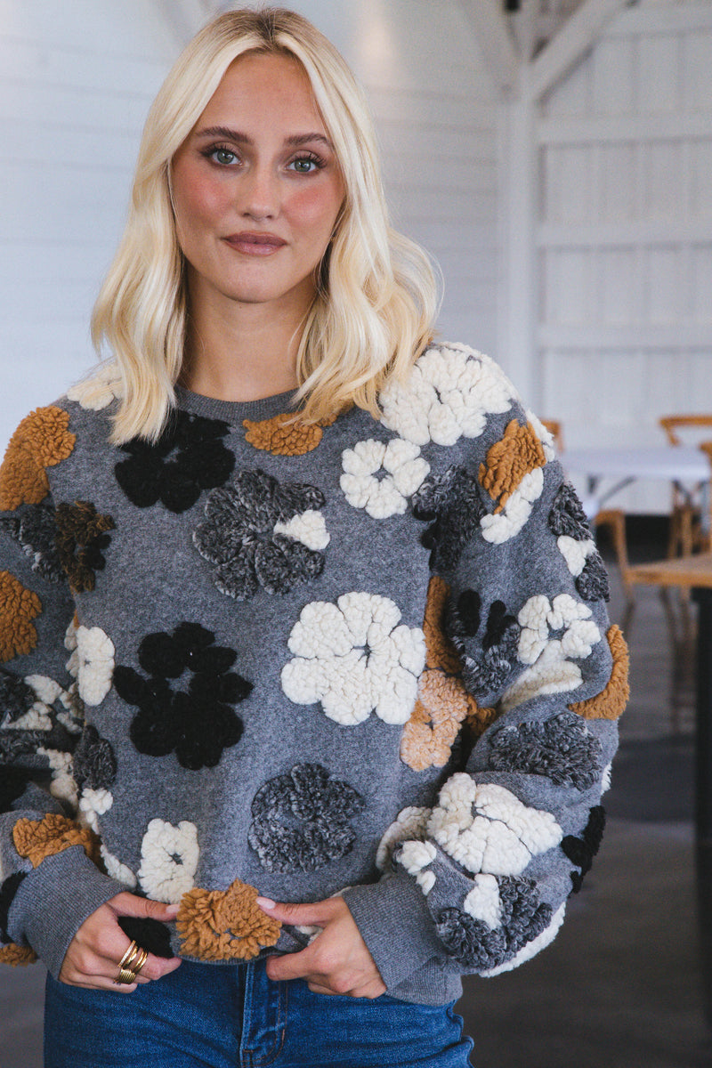 Frozen Flower Sherpa Sweater, Charcoal