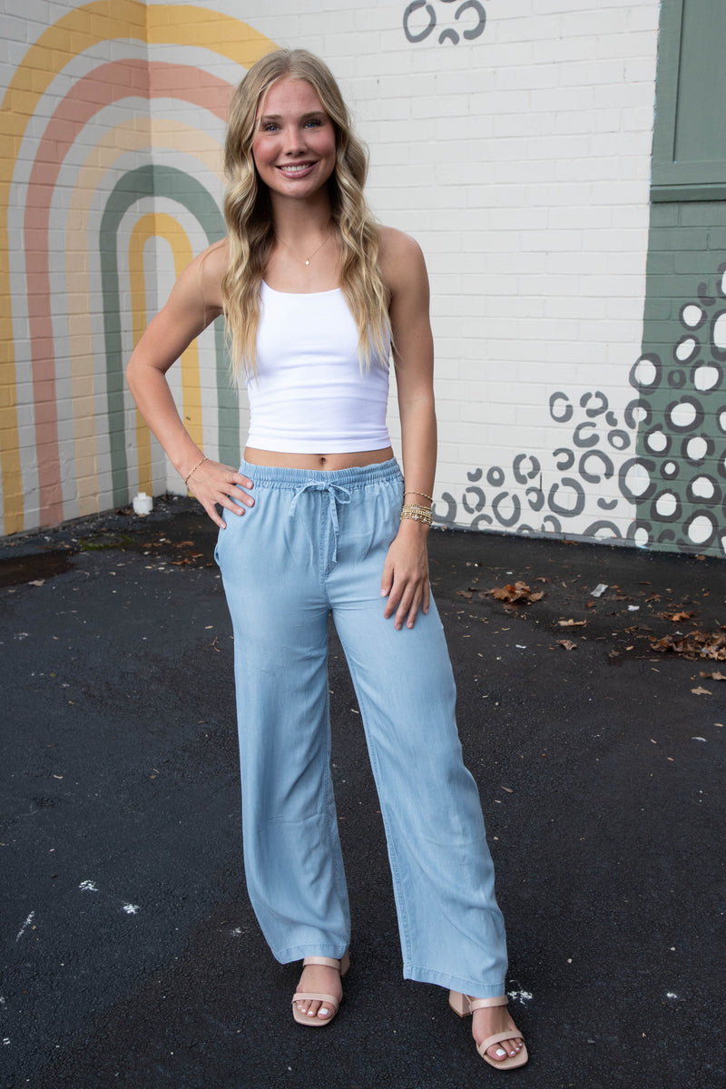 Saige Elastic Waist Tencel Pants, Light Blue