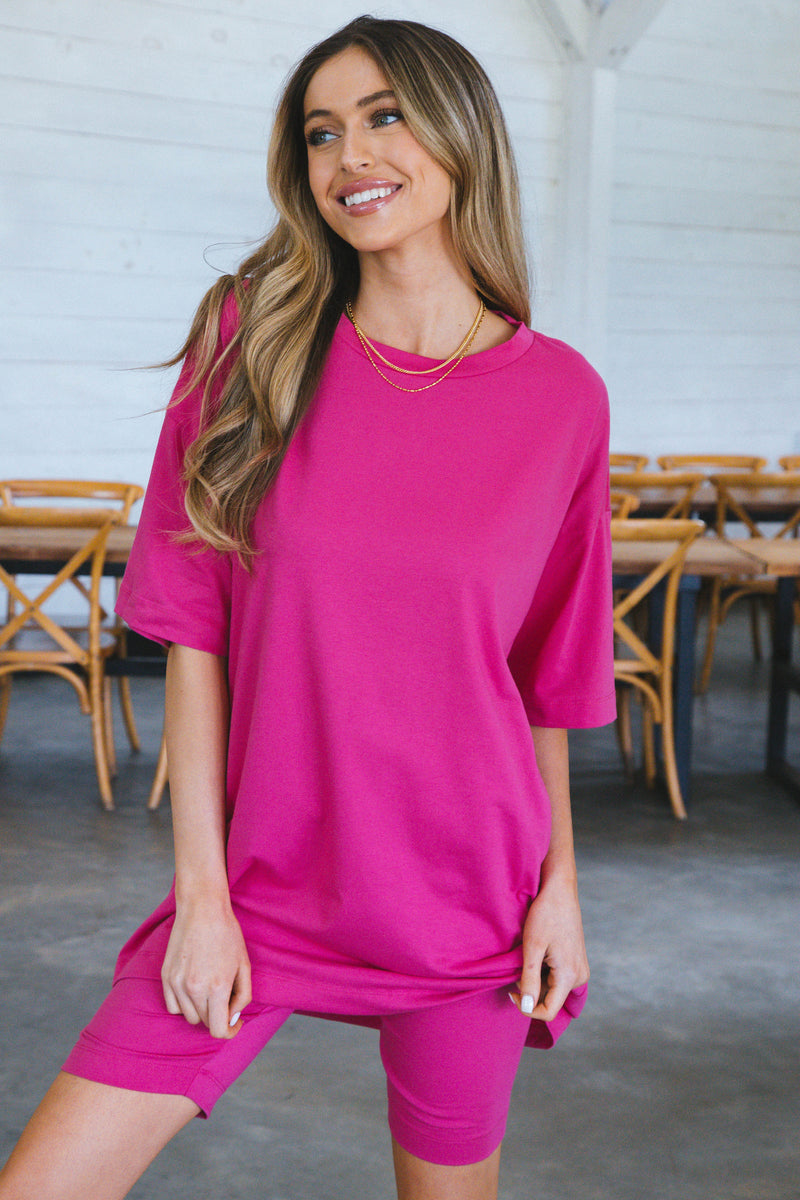Sophia Oversized Tee And Biker Short Set, Fuchsia