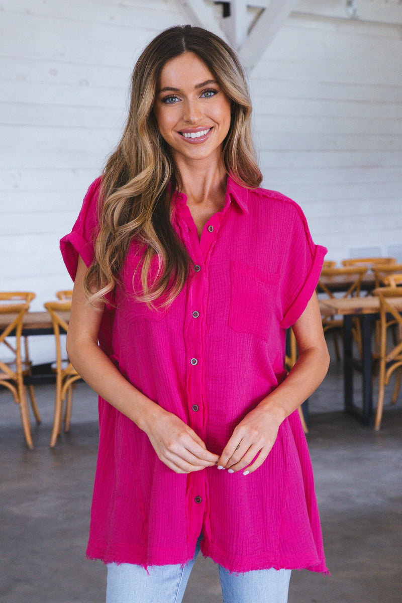 Jackie Button Down Gauze Shirt, Fuchsia