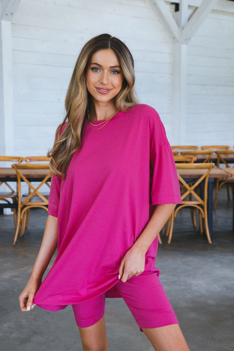 Sophia Oversized Tee And Biker Short Set, Fuchsia