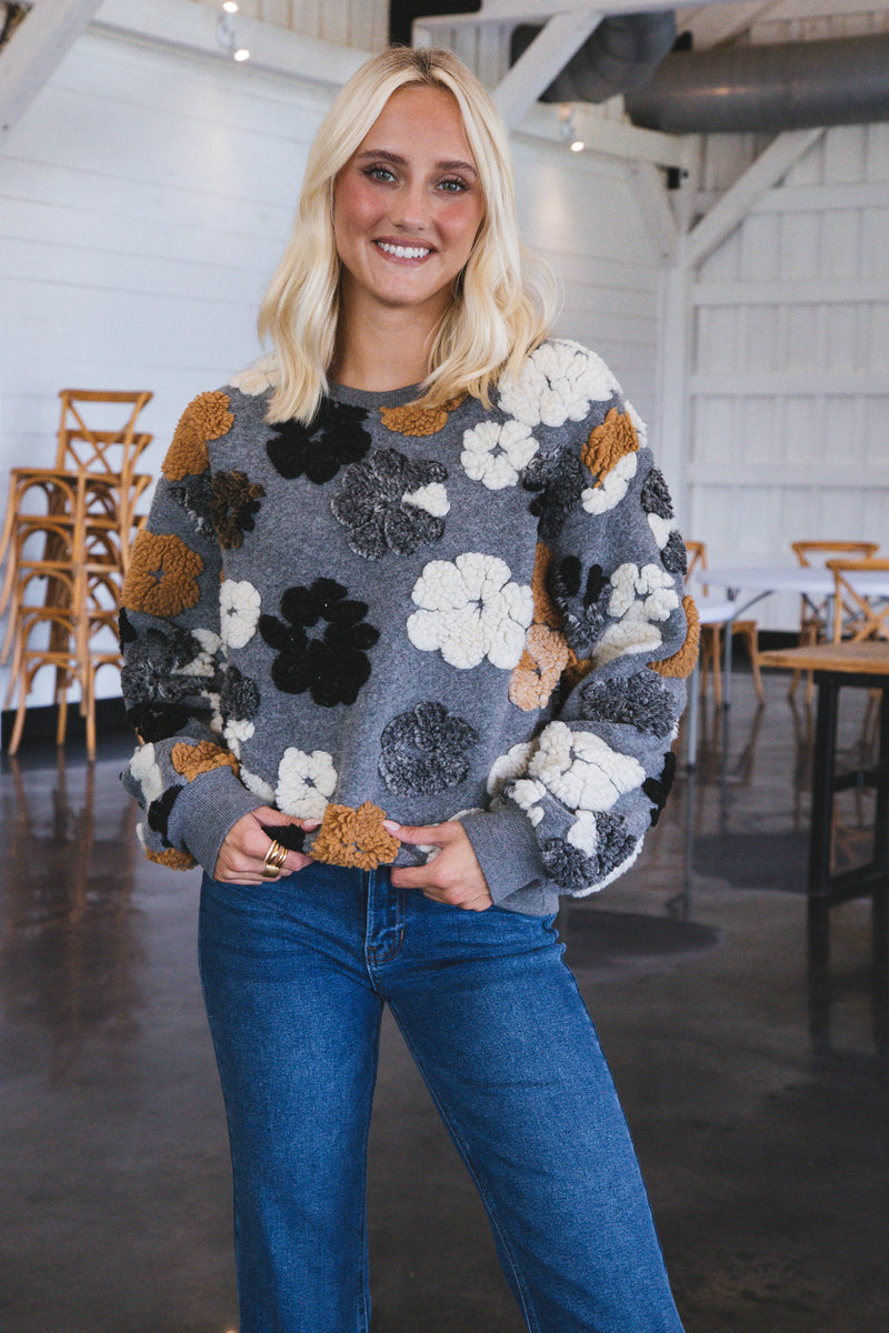 Frozen Flower Sherpa Sweater, Charcoal