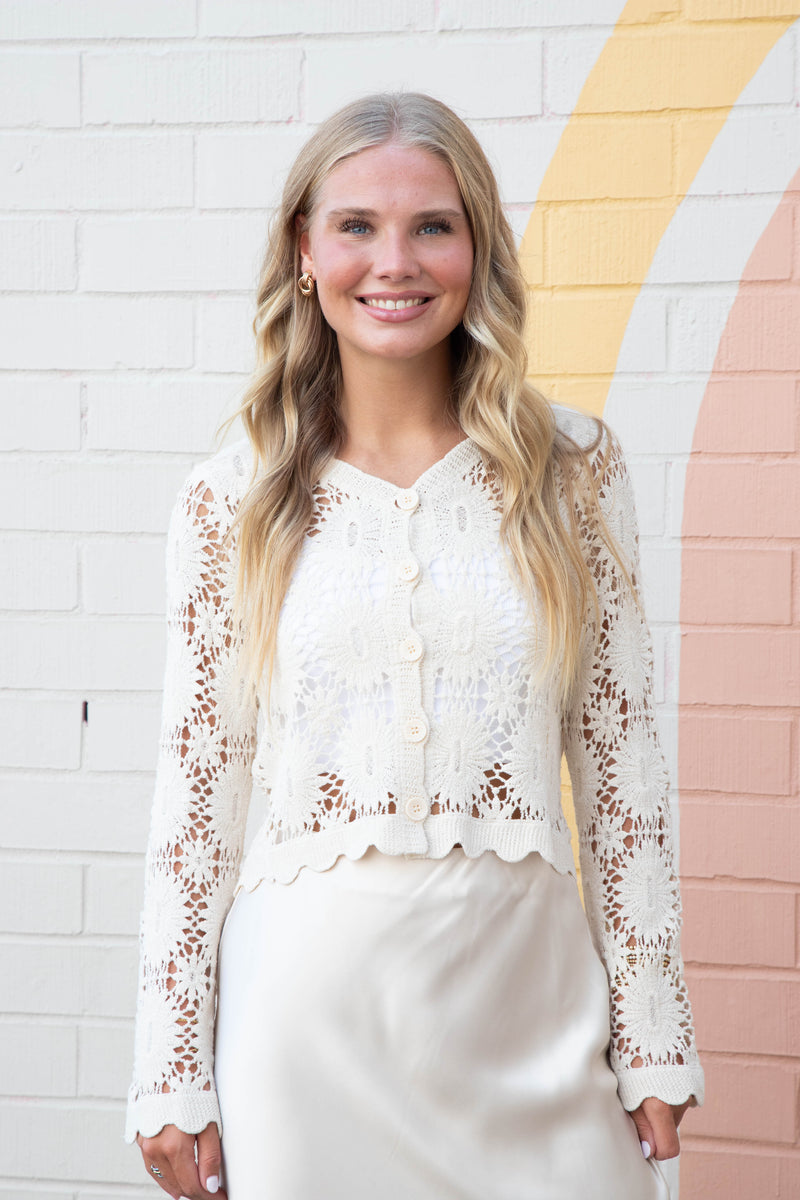 Mona Floral Crochet Cardigan, Natural