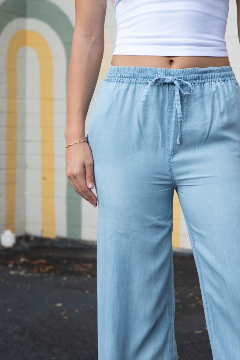 Saige Elastic Waist Tencel Pants, Light Blue