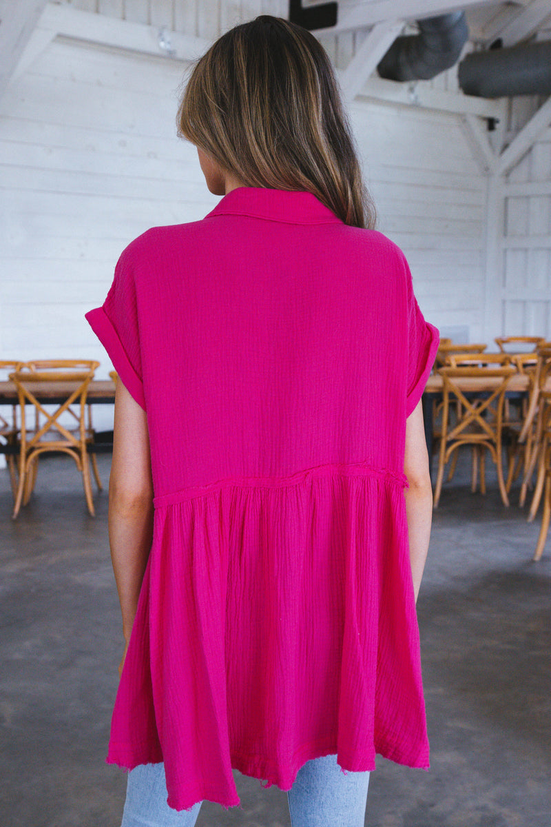 Jackie Button Down Gauze Shirt, Fuchsia