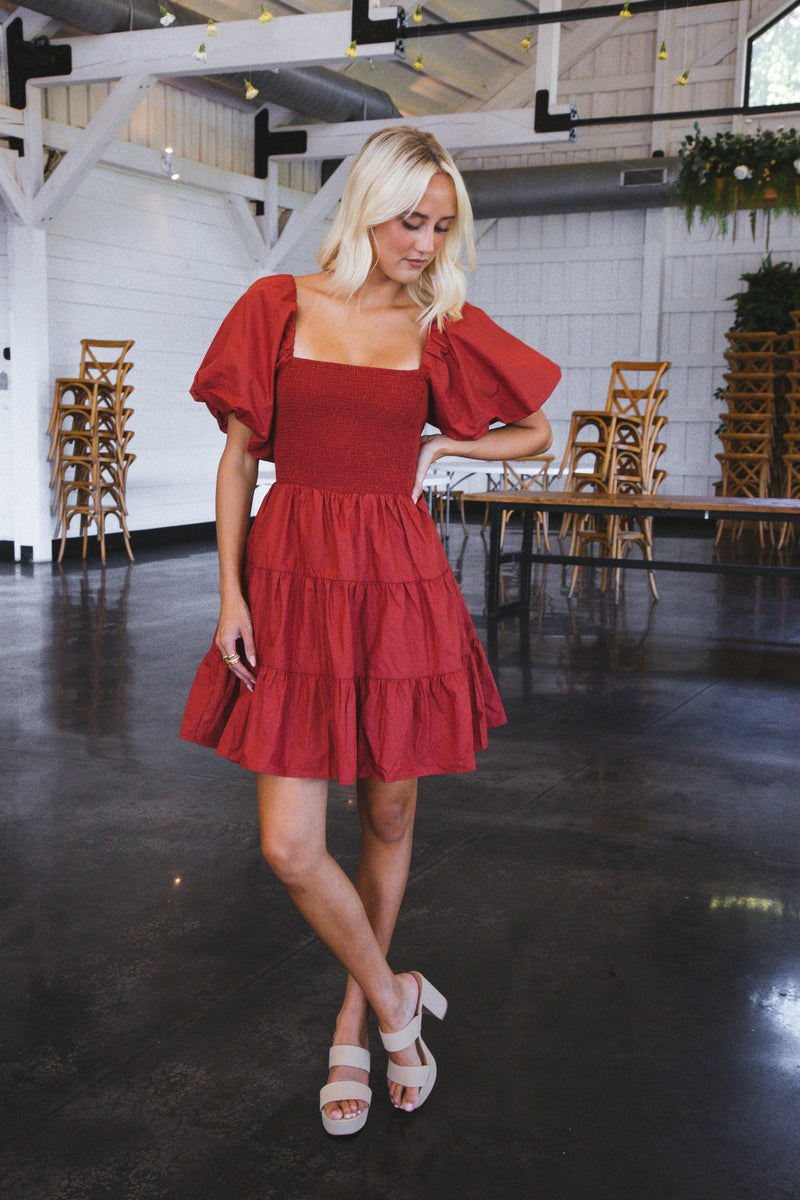 Bryllin Smocked Mini Dress, Rust