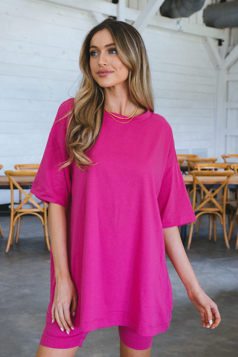 Sophia Oversized Tee And Biker Short Set, Fuchsia
