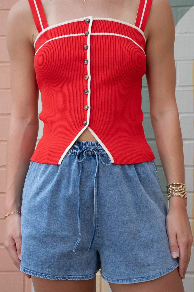 Cleo Button Front Sweater Top, Flame Red