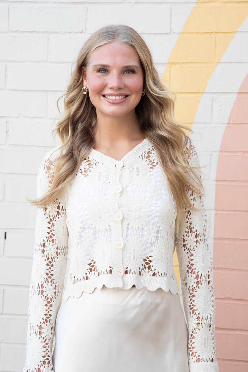 Mona Floral Crochet Cardigan, Natural