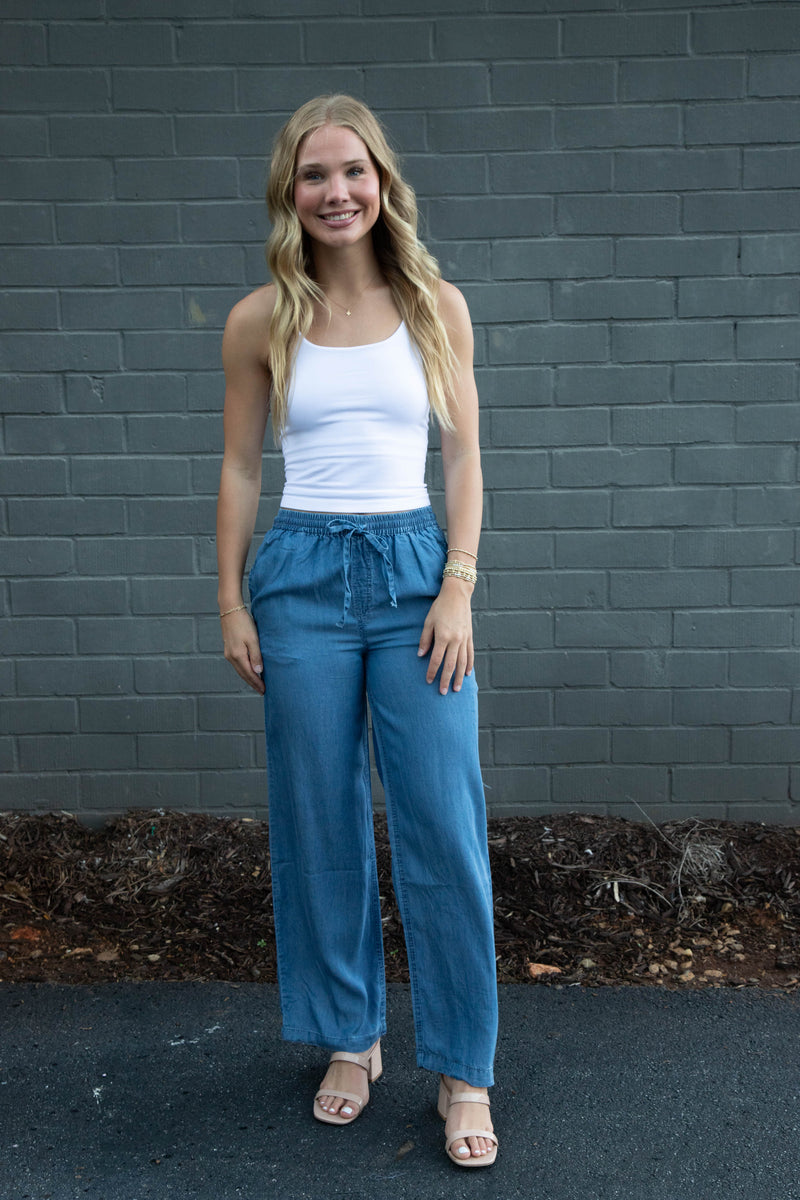 Saige Elastic Waist Tencel Pants, Blue