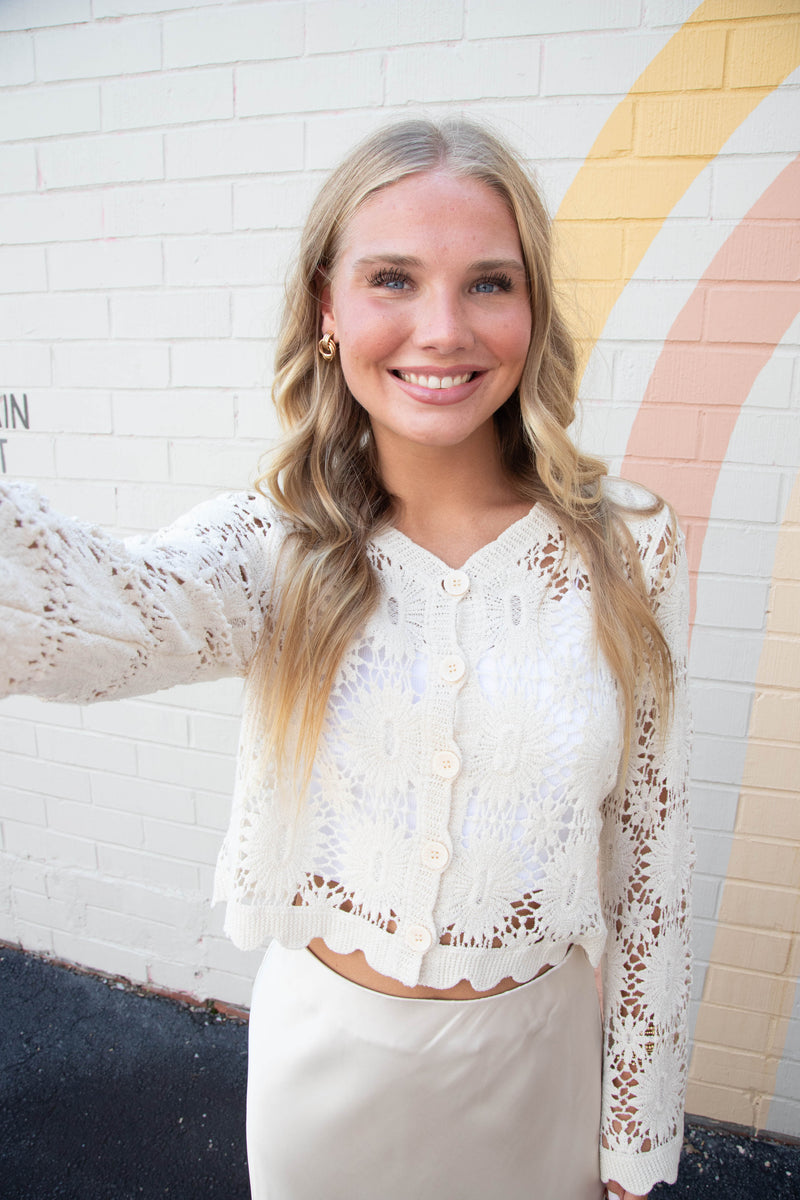 Mona Floral Crochet Cardigan, Natural