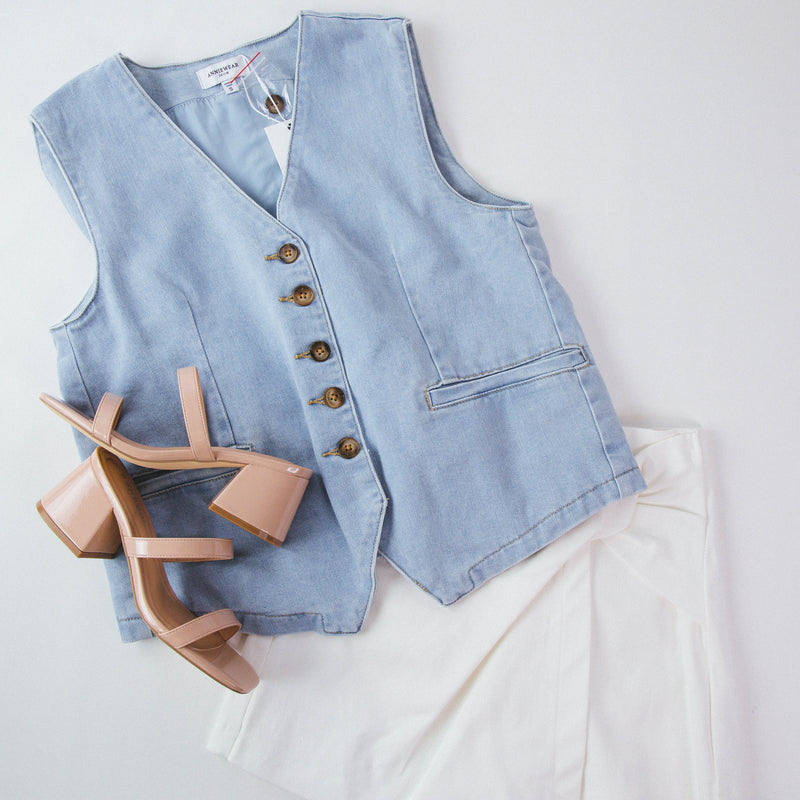 Elliana Denim Button Down Vest, Light Denim