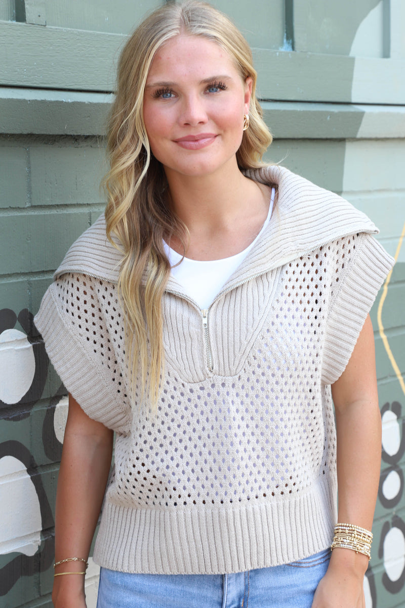 Evangeline Collared Half Zip Sweater Vest, Stone