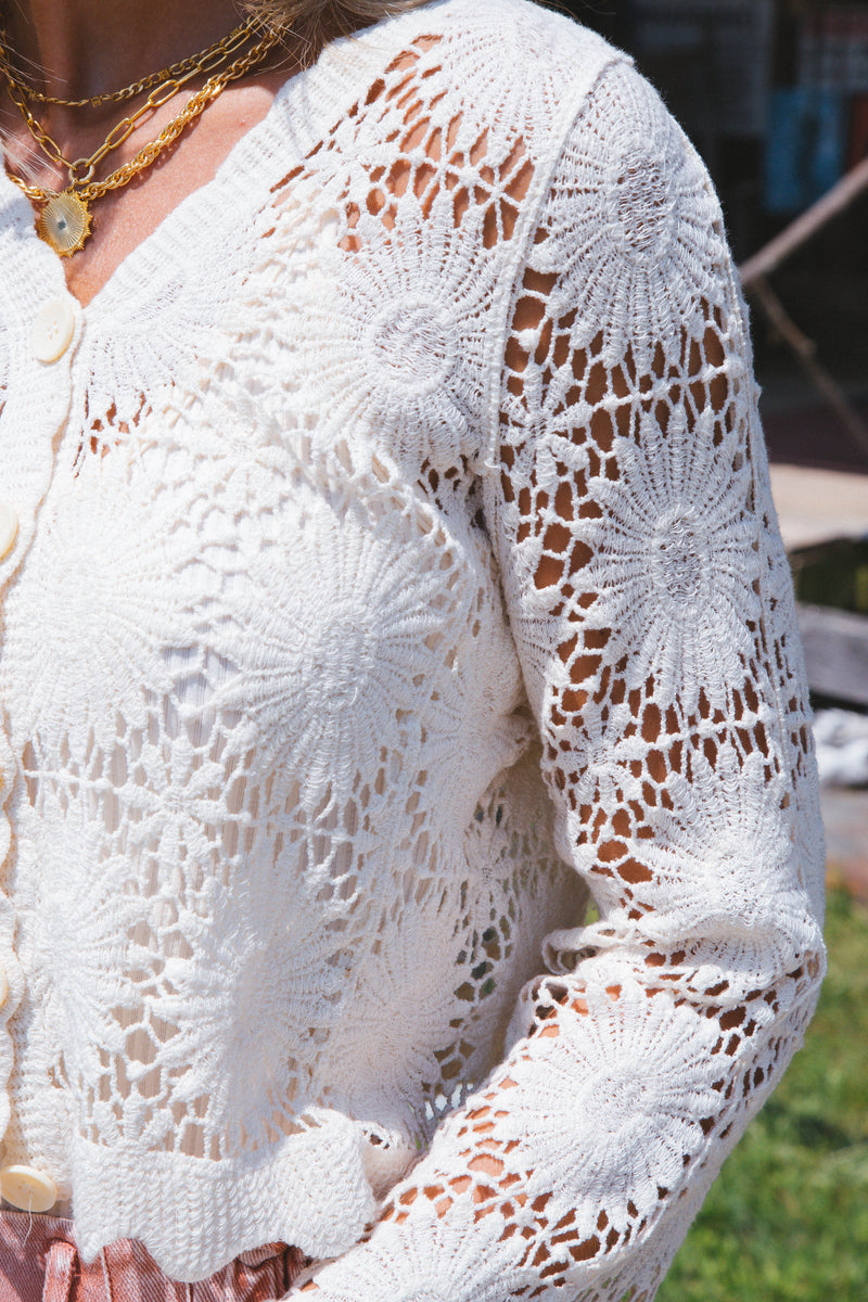 Mona Floral Crochet Cardigan, Natural