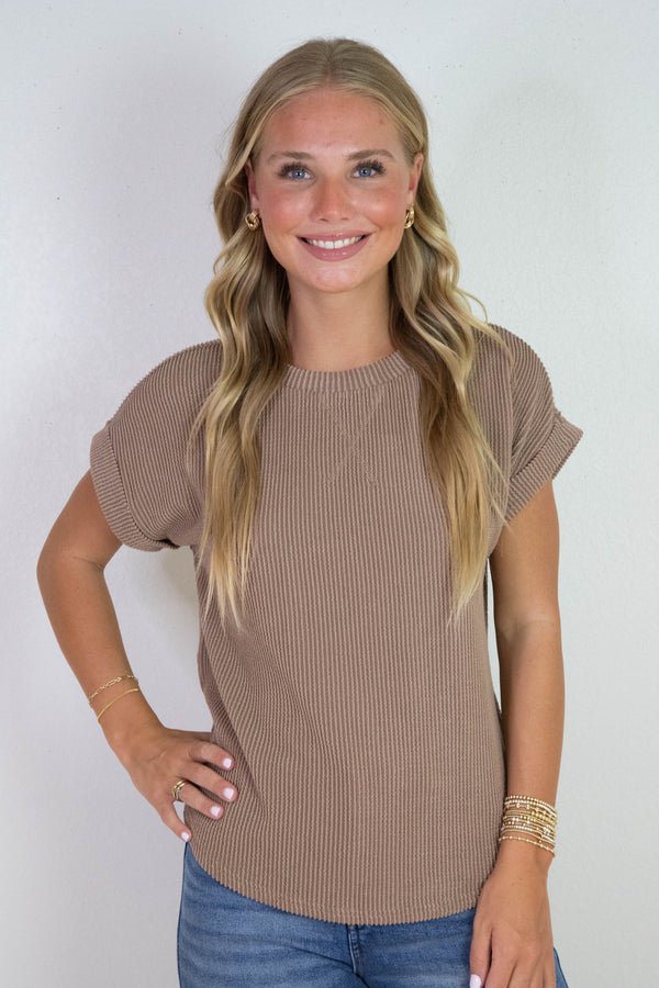 Lilly Ribbed Crew Neck Top, Mocha