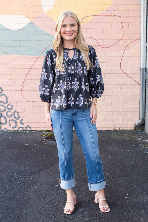 Reese Tie Neck Blouse, Black Mix