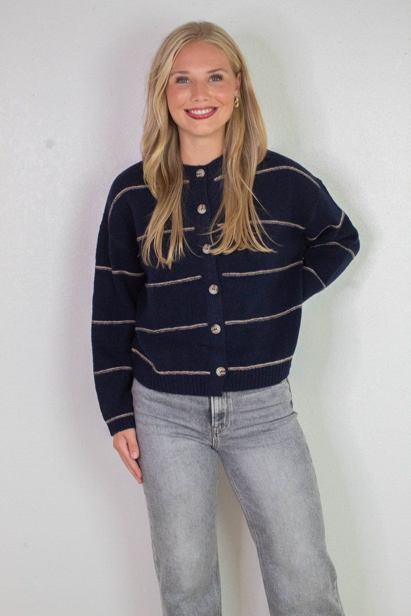 Jade Thin Stripe Button Down Cardigan, Navy