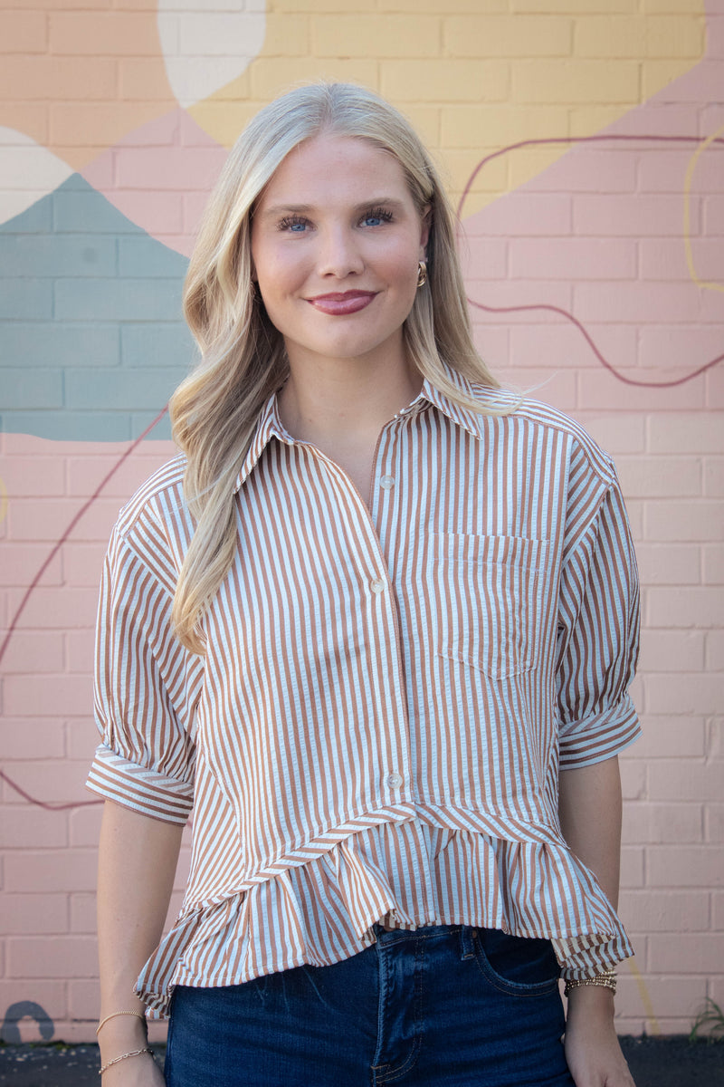 Indie Striped Ruffle Hem Button Up Top, Brown