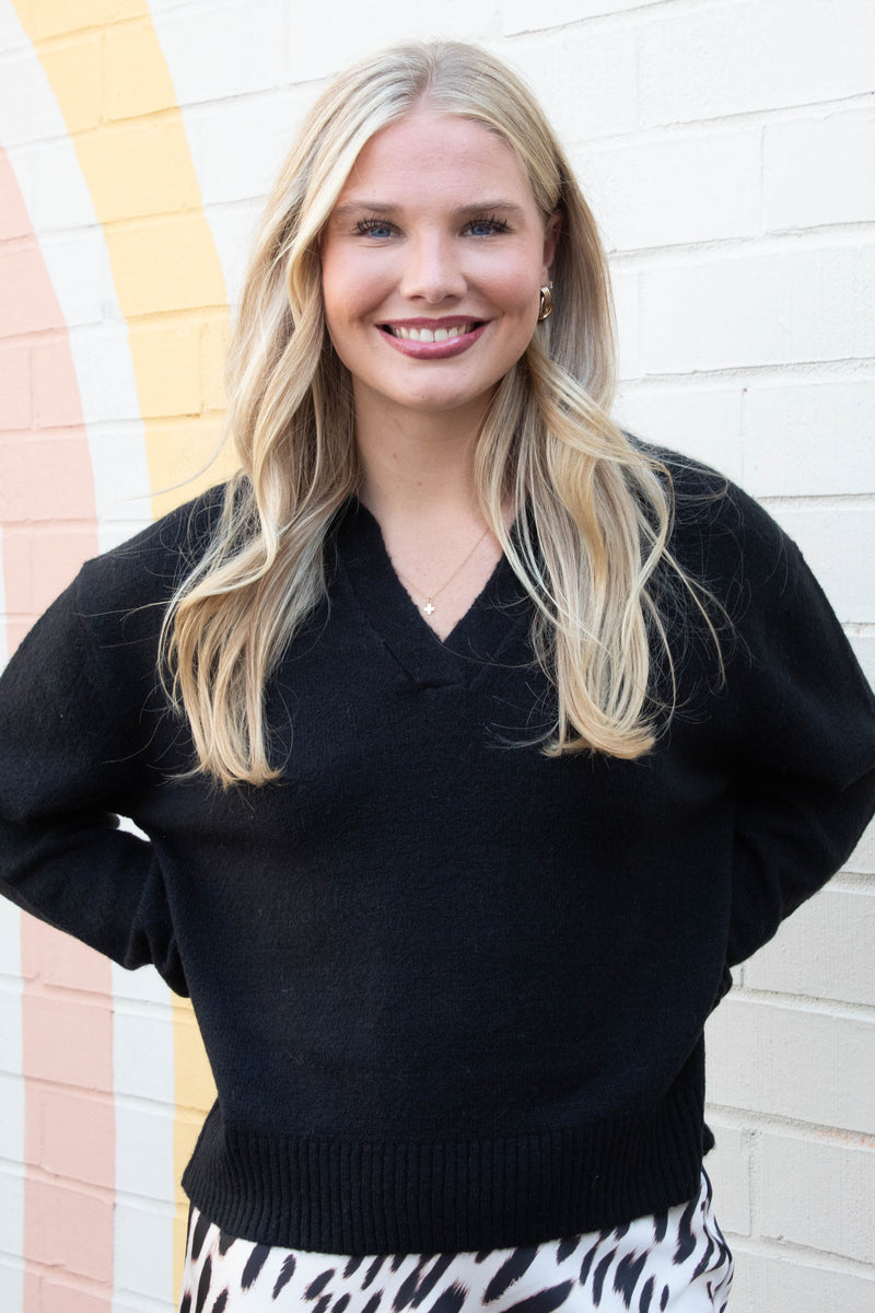 Luna Collared V-Neck Sweater, Black