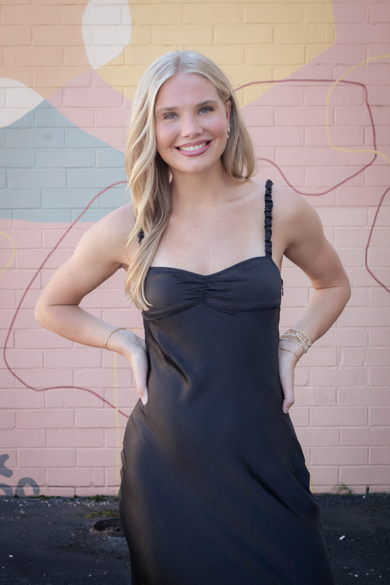 Lana Sweetheart Neck Satin Maxi Dress, Black