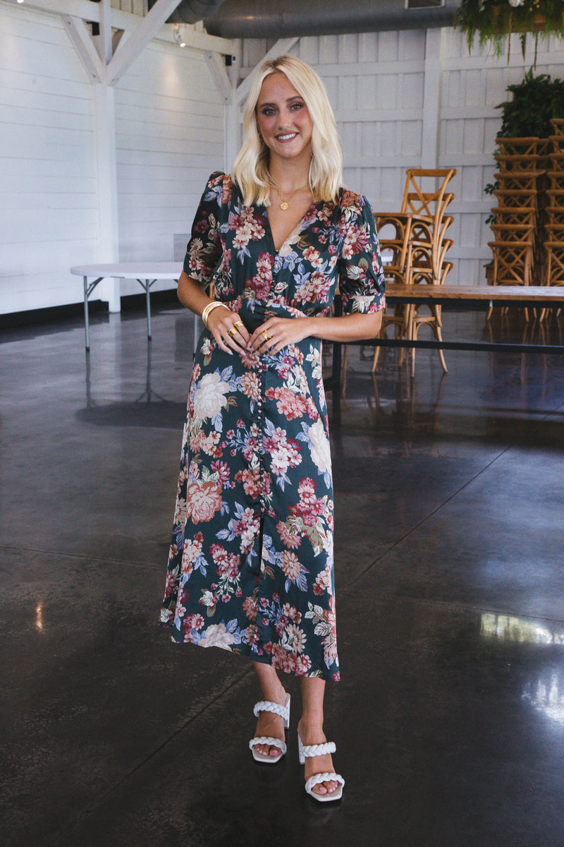 Moment In Time Floral Midi Dress, Pine/Multi