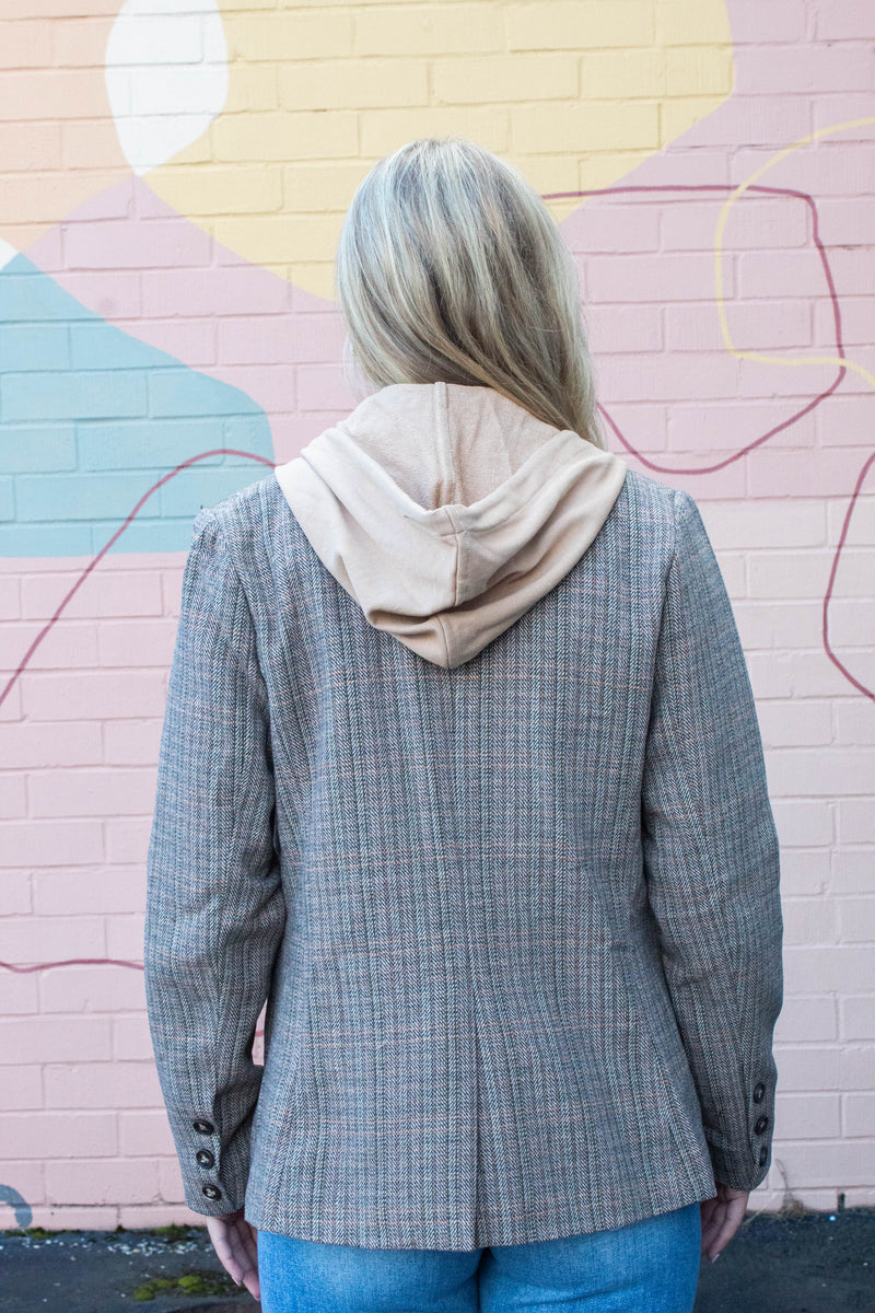 Jovie Herringbone Pattern Hooded Blazer, Tan Combo