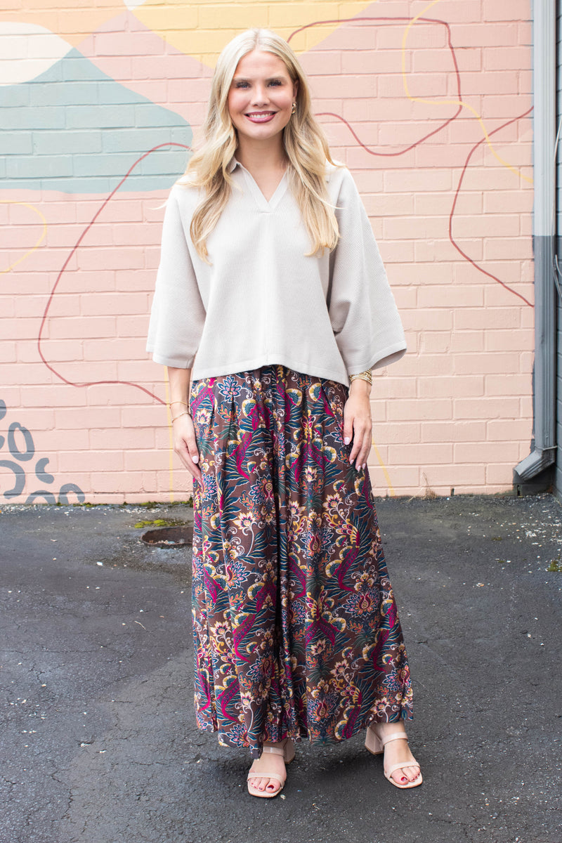 Ariah Printed Elastic Waist Pants, Caramel Mix
