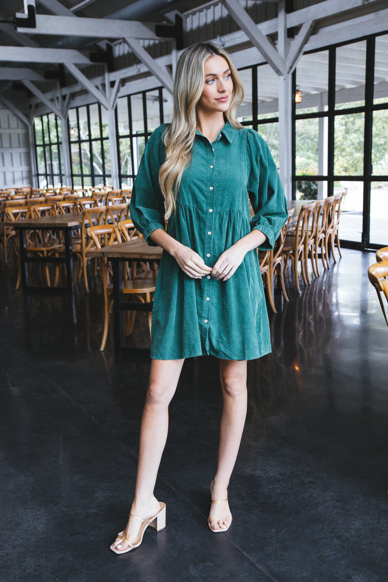 Lassen Corduroy Button Up Dress, Evergreen