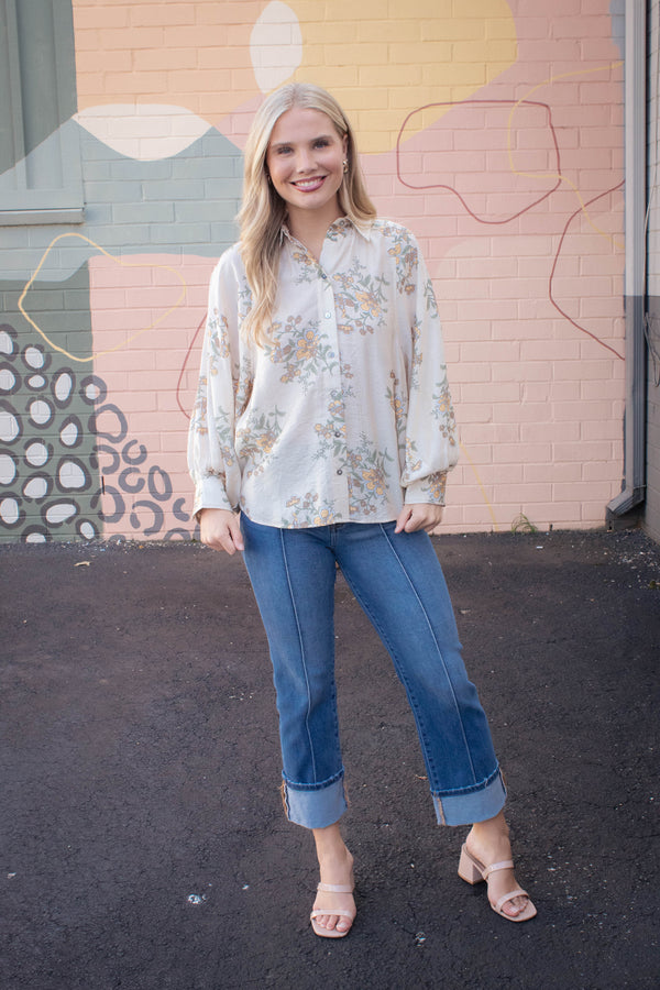 Lucy Button Down Floral Top, Ecru