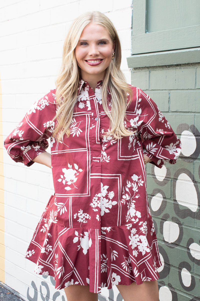 Charlie Printed Collared Mini Dress, Red Brown